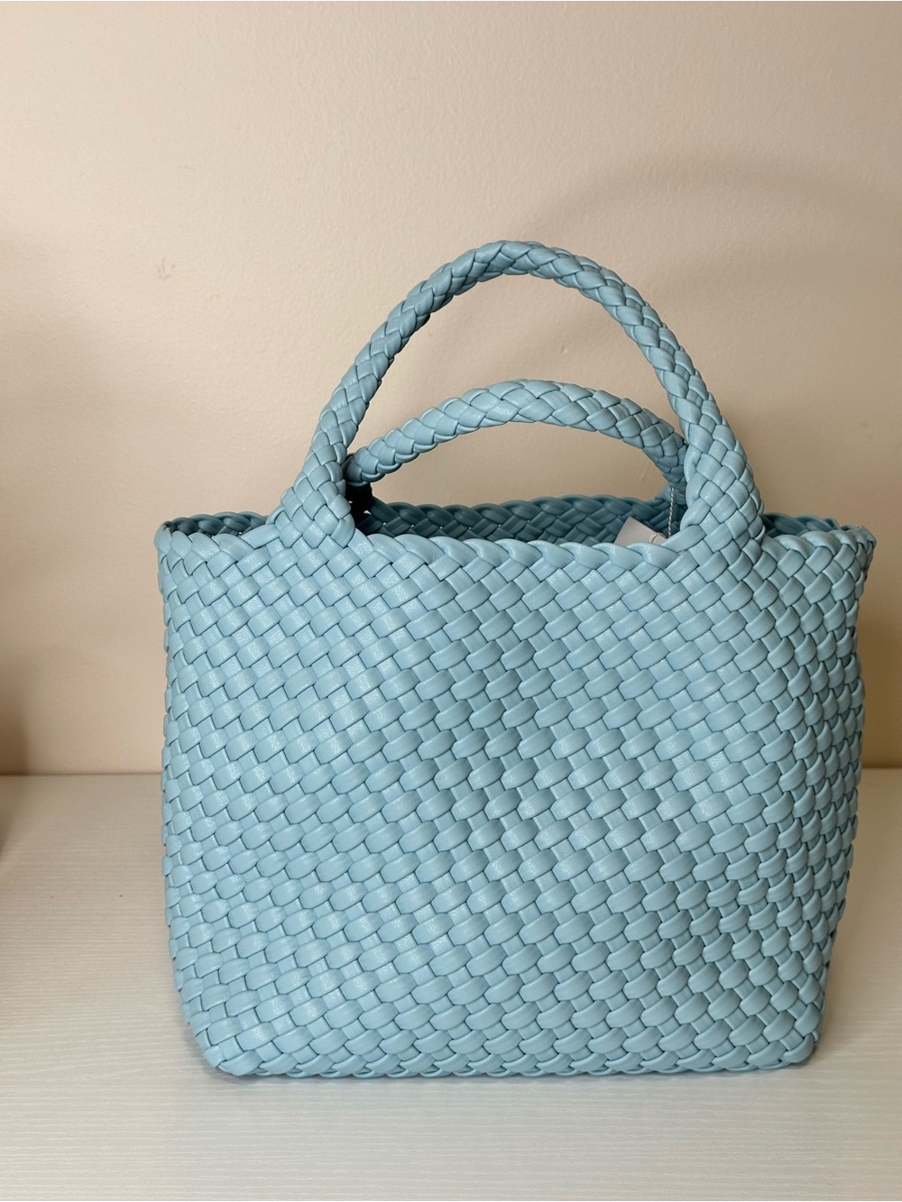 Ah-Dorned NYC Woven Baby Blue Tote Bag w/ Floral Strap NWT